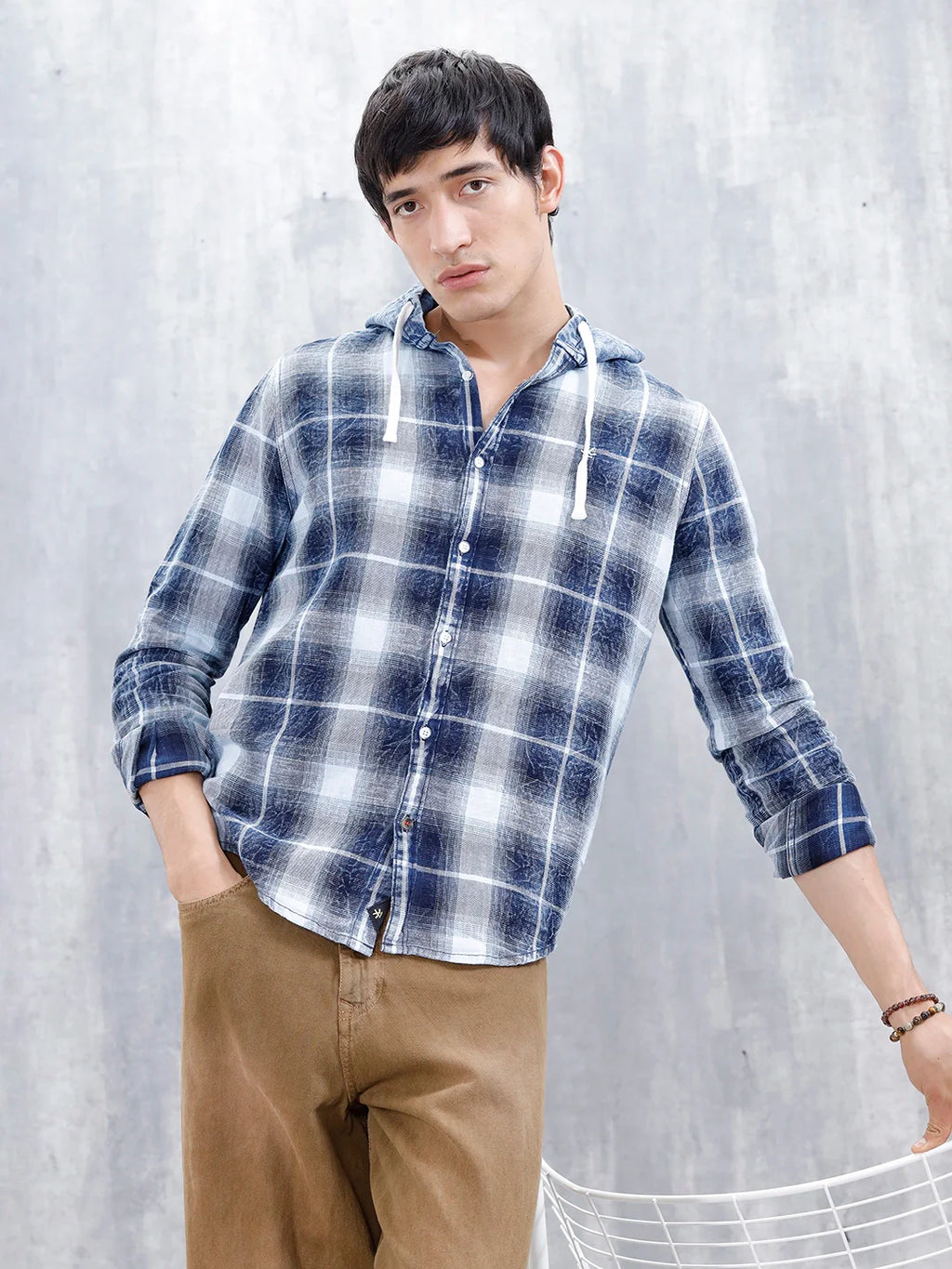 Casual Slim Fit Shadow Checkered Pattern Shirt  | Navy Blue