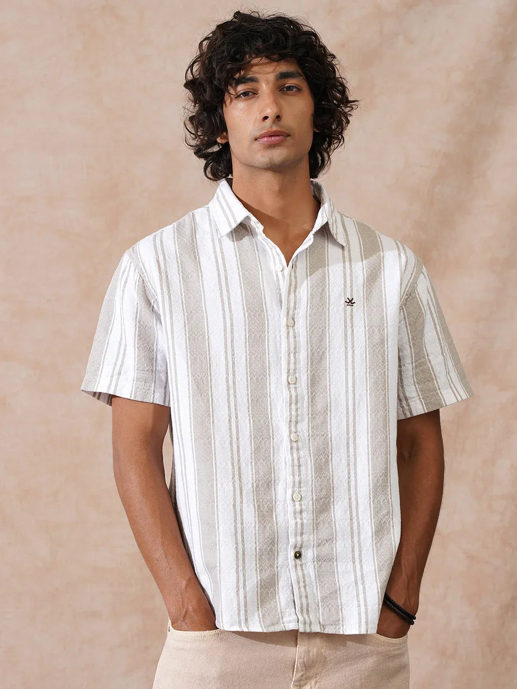 Textured Stripes Comfort Fit Shirt | Khaki