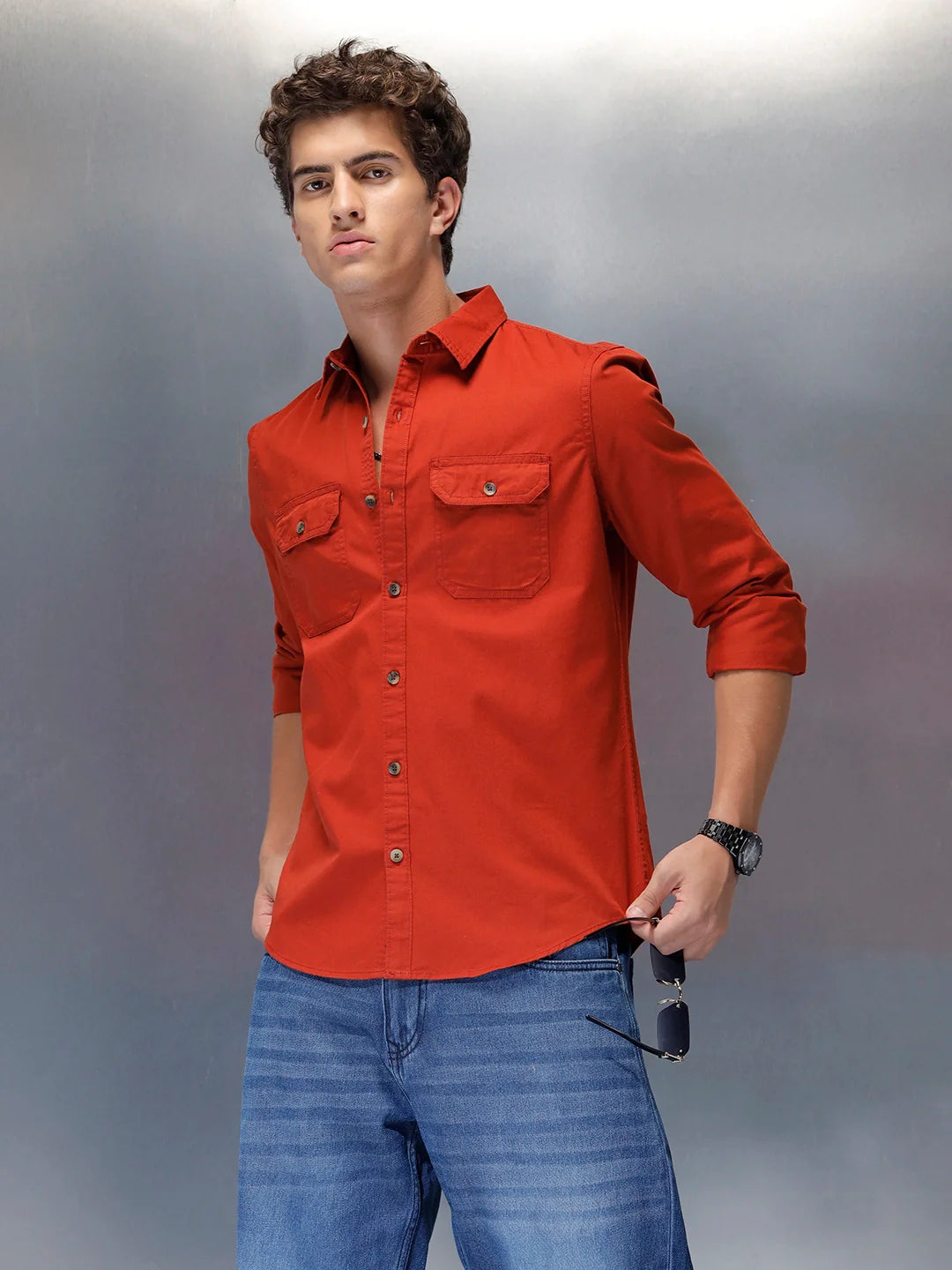 men's casual slim fit double pocket shirt | Rust