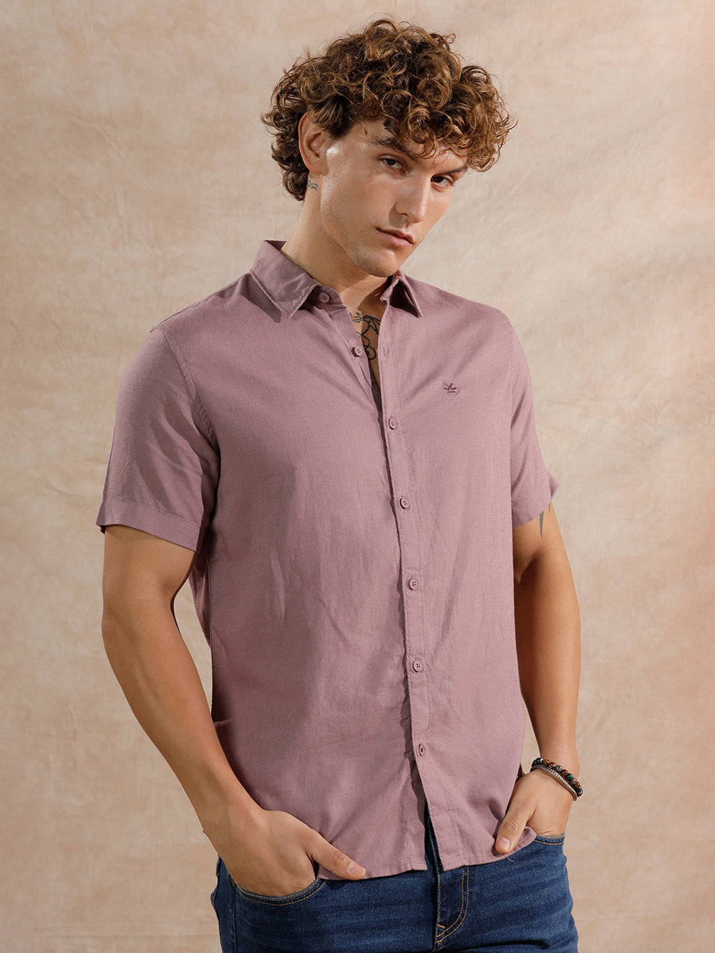 Solid Linen Blend Slim Fit Shirt | Dark Pink