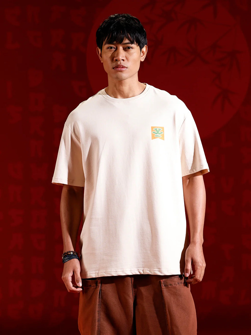 Oversized Black Cotton T-shirt with Graphic Accent | Beige