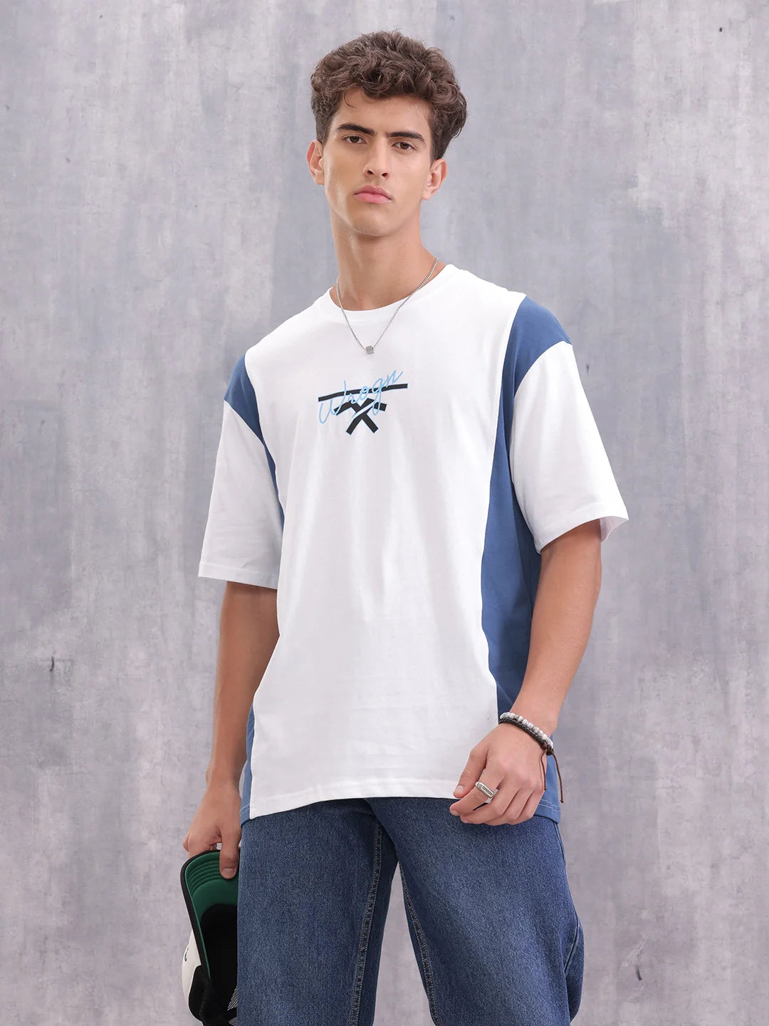Retro Colourblock Oversized Fit T-shirt With Print | White