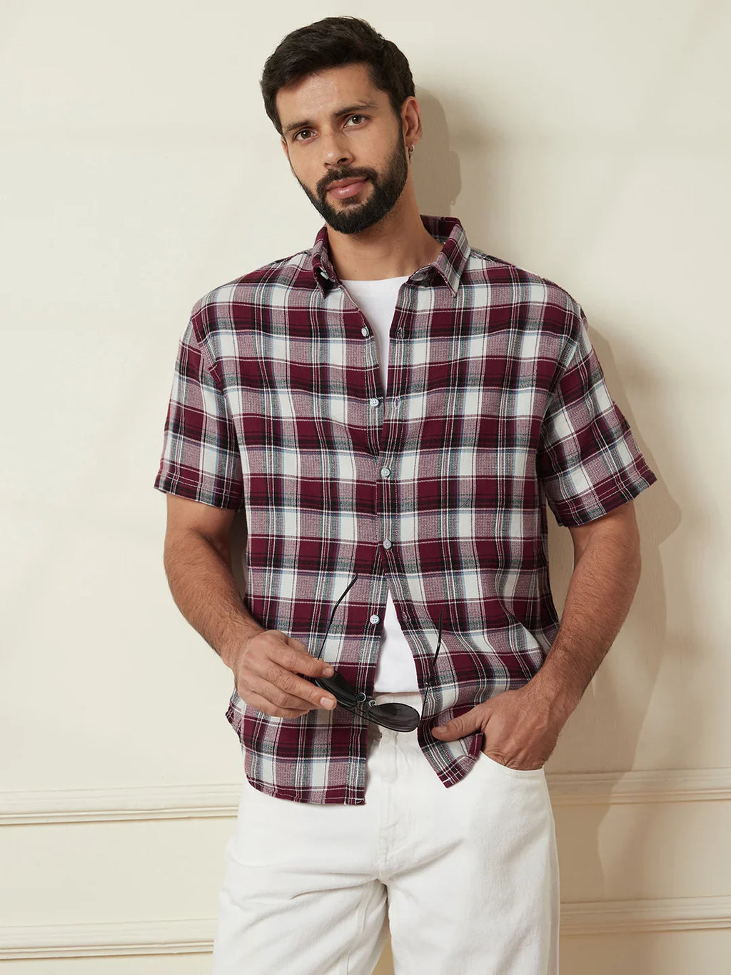 Checked Open Dobby Shirt | Maroon