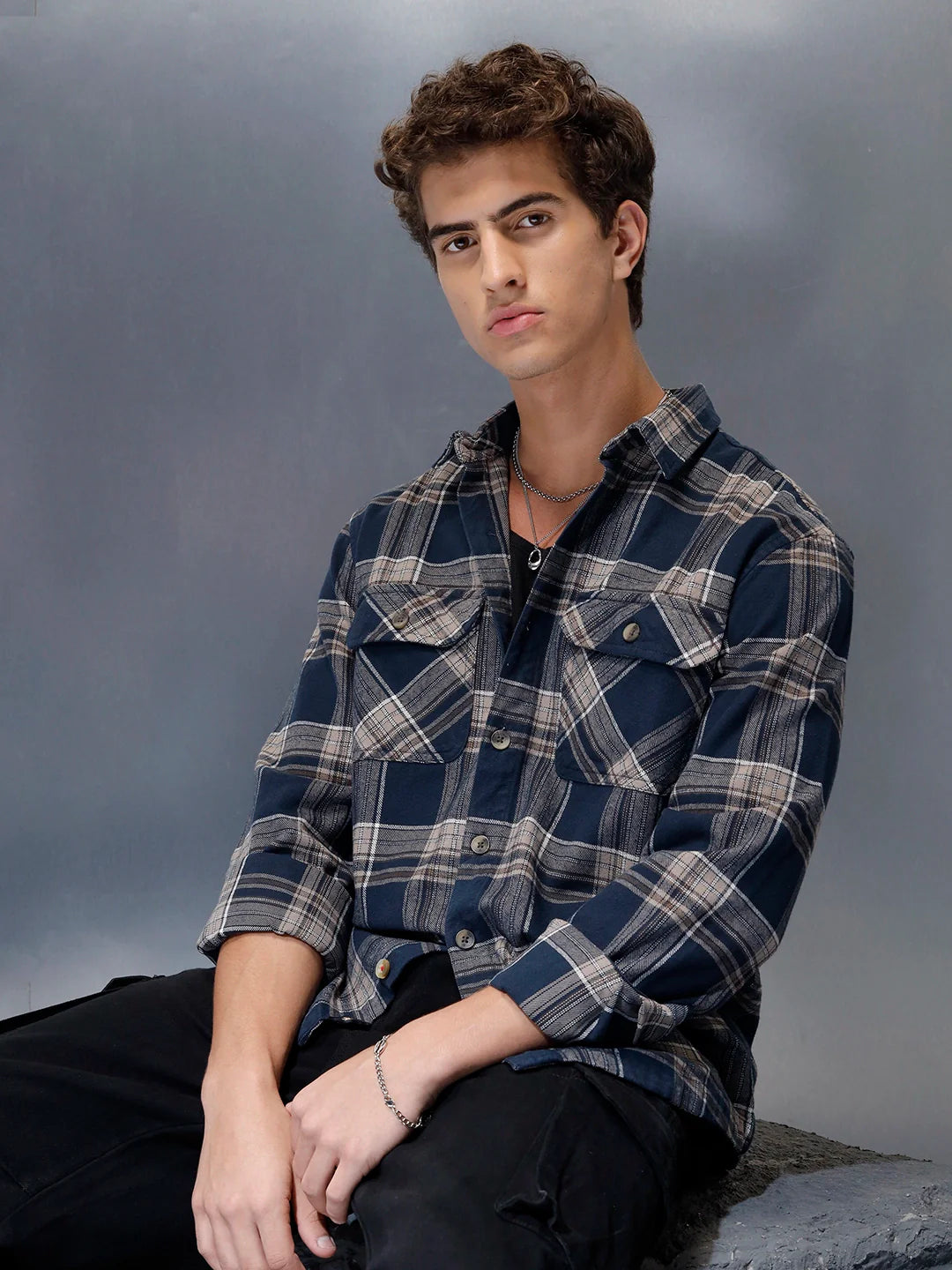 Men's casual checkered pattern regualr fit shacket  | Navy Blue