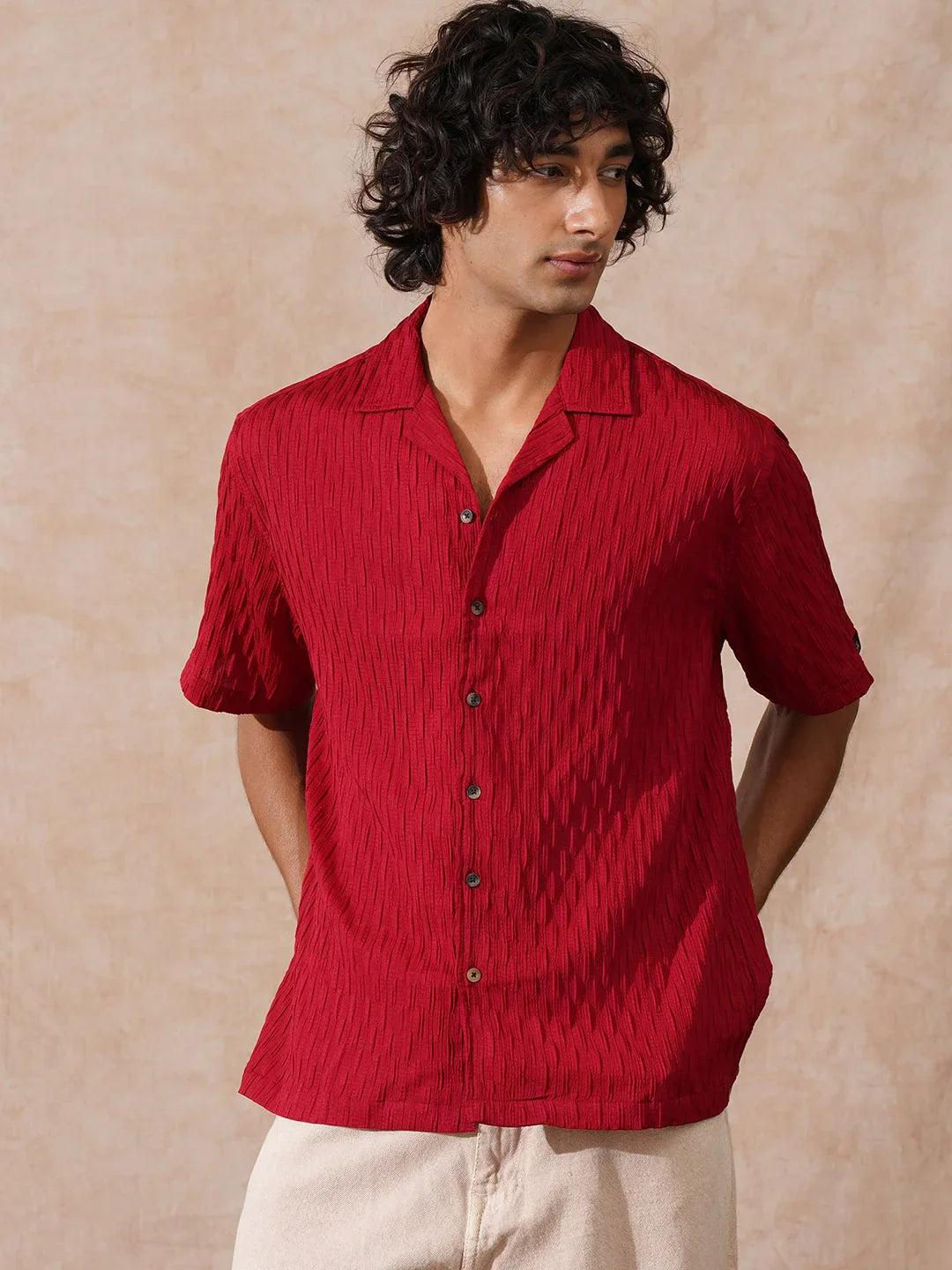 Textured Resort Collar Shirt | Red