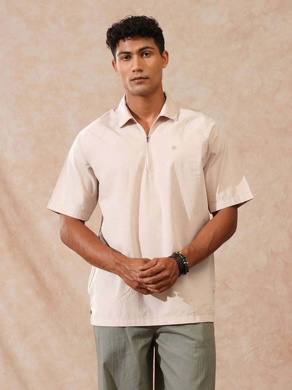 Solid Polo Collar Shirt | Beige