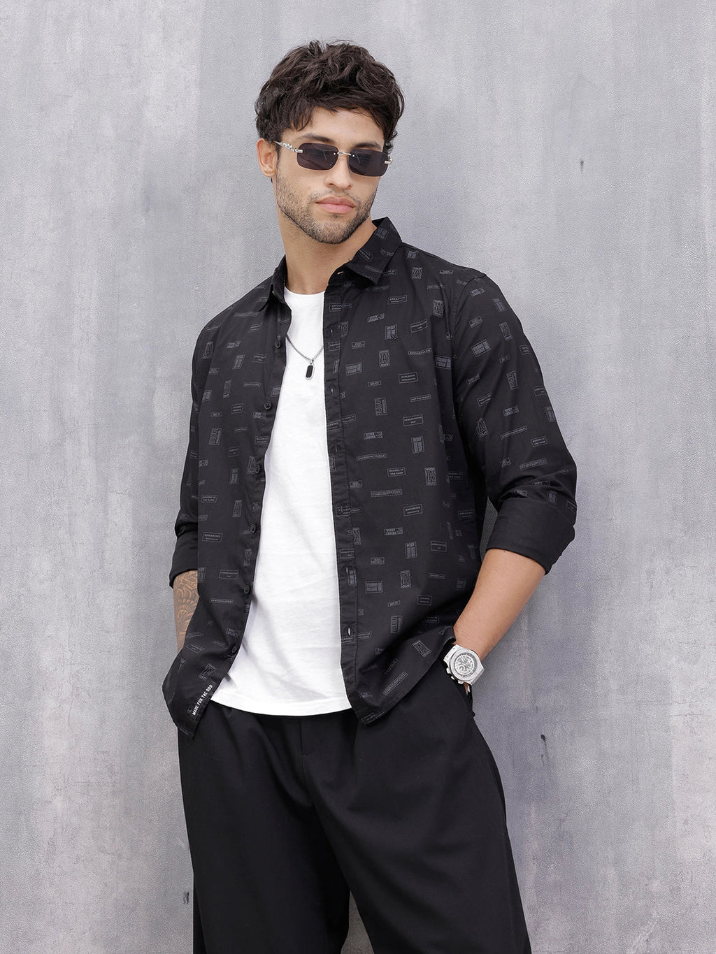 100% Cotton Aop Printed Casual Regualr Fit Shirt | Black