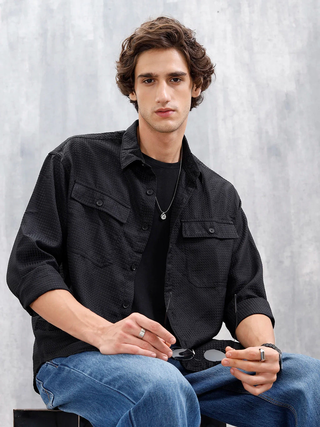 Wrogn Oversized Double Pocket Textured Shirt For Men's | Black