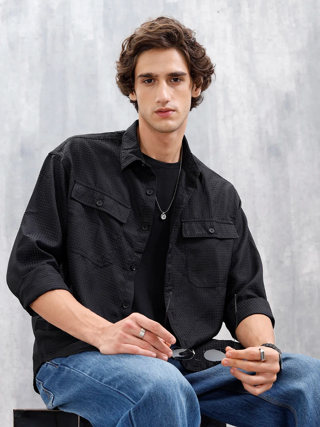 Wrogn Oversized Double Pocket Textured Shirt For Men's | Black