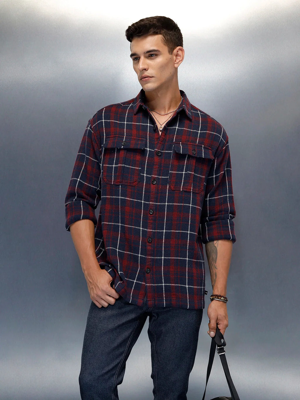 Men's Casual Oversized Fit Checkered Pattern Shirt | Navy Blue