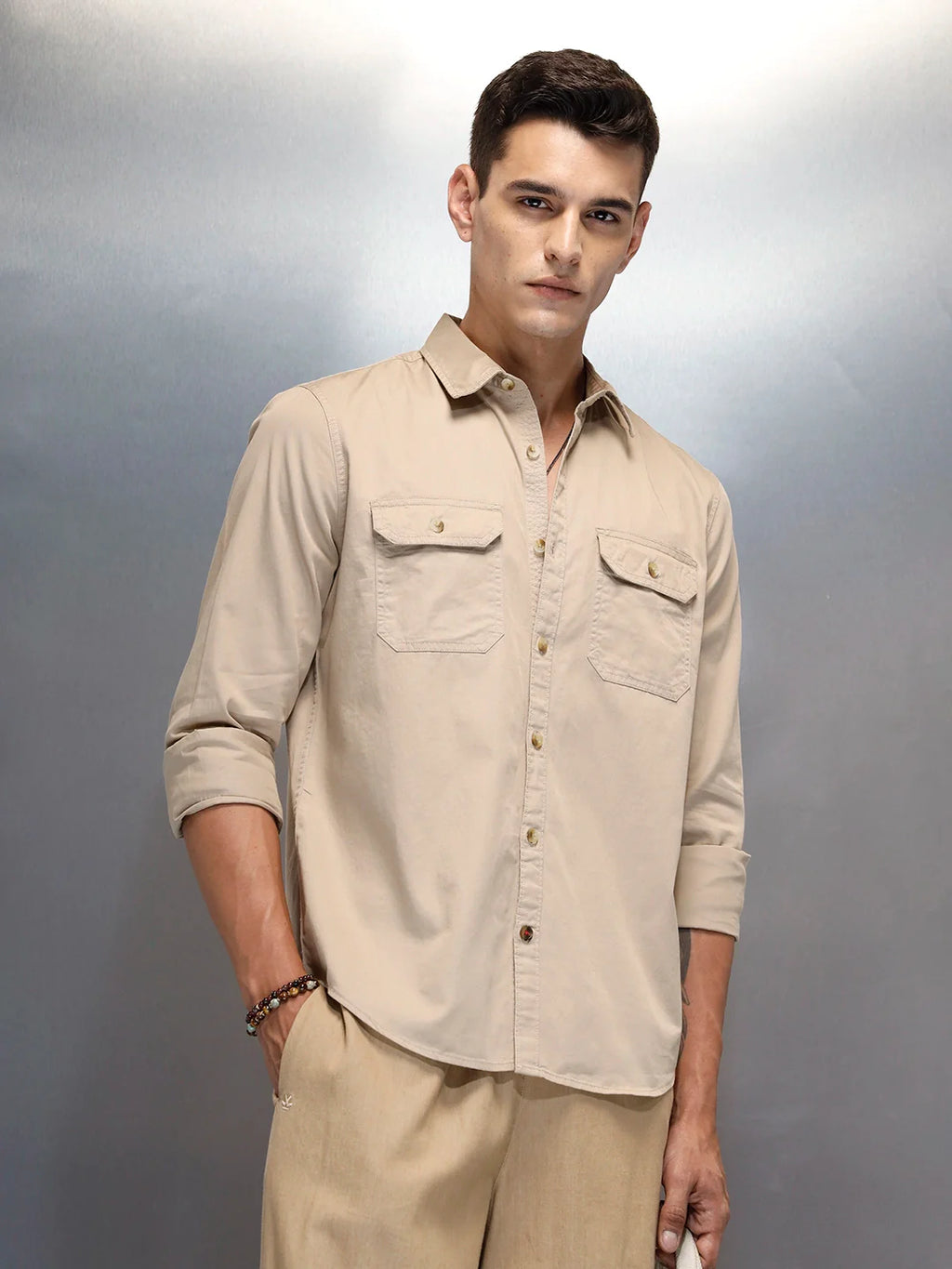 Men's Casual Cargo Double Pocket Shirt | Beige