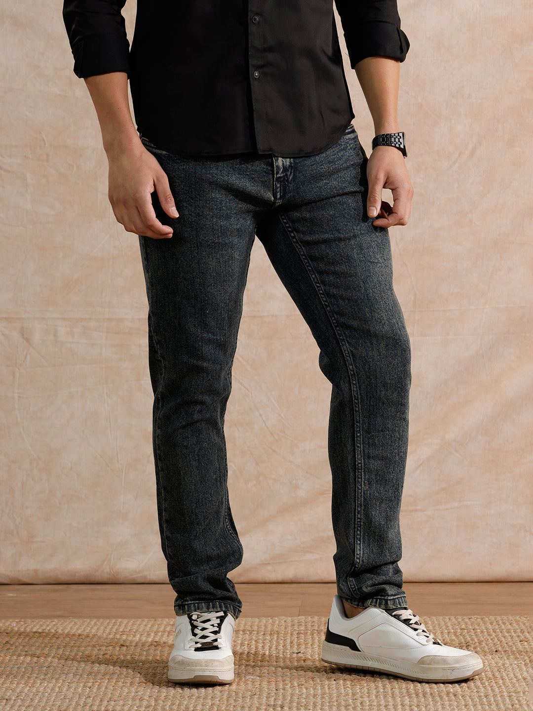 Solid Heavy Fade Slim Tapered Fit Jeans | Blue