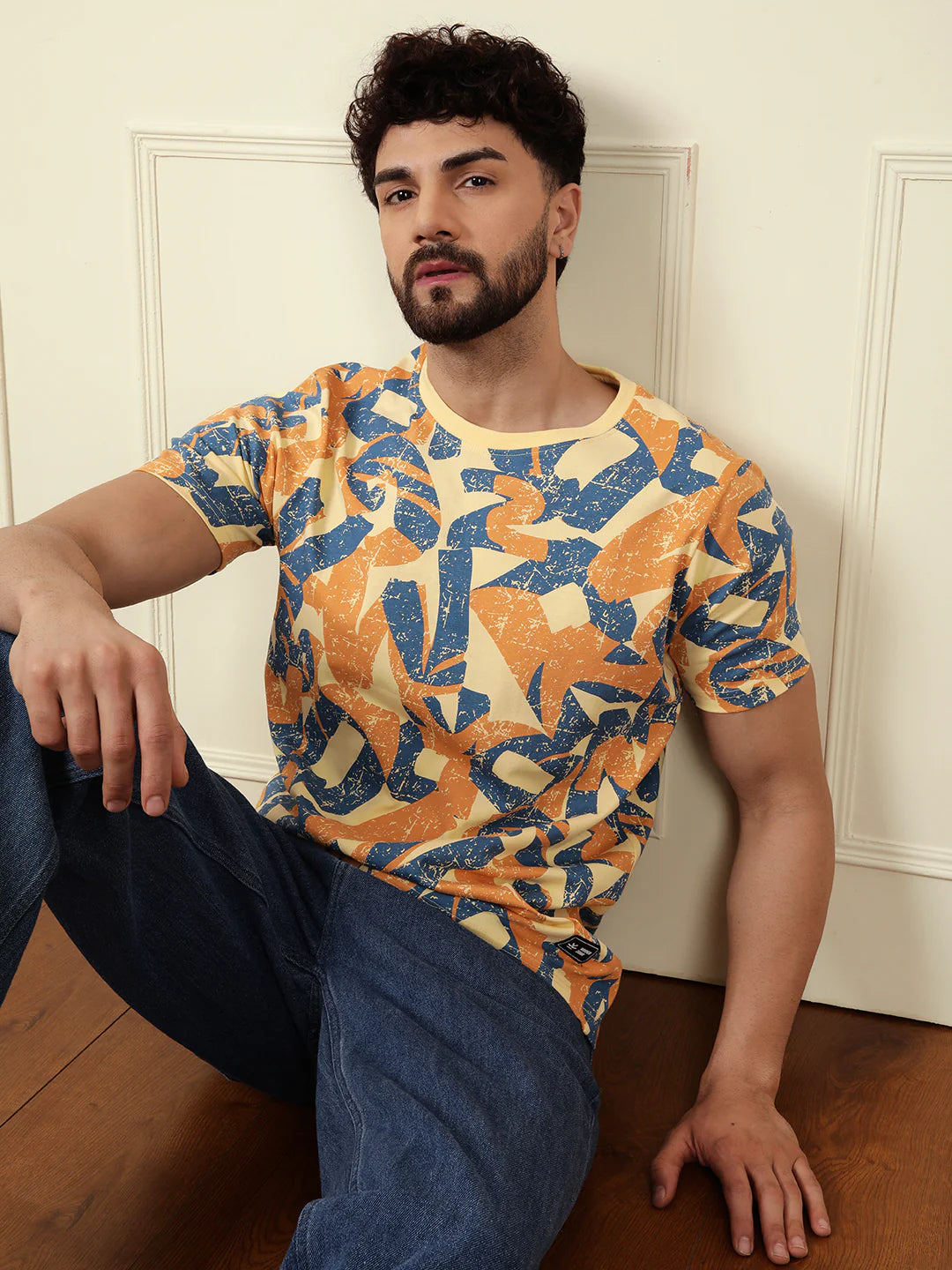 Distressed AOP Slim Fit T-Shirt | Yellow