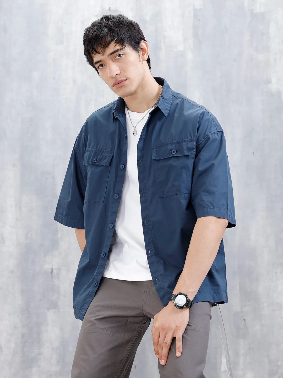 Wrogn Men's Oversized Plus Double Pocket Shirt | Blue