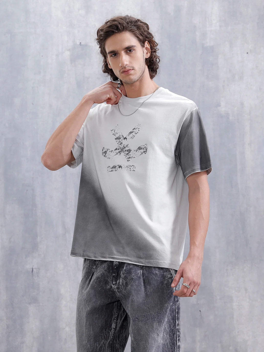Washed Oversized Crew Neck T-shirt With Print | Light Grey
