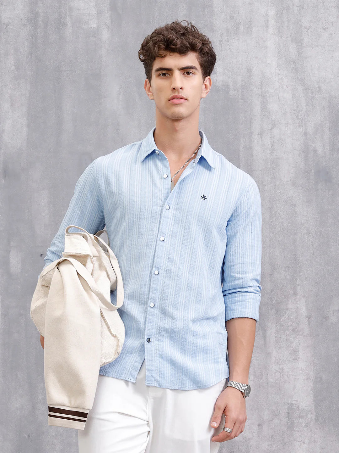 Modal Blend Seersucker Shirt In Slim Fit | Light Blue