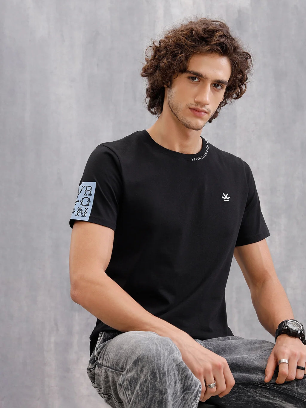 Solid Crew Neck With Contrast Stitch And Print Detail  |  Black