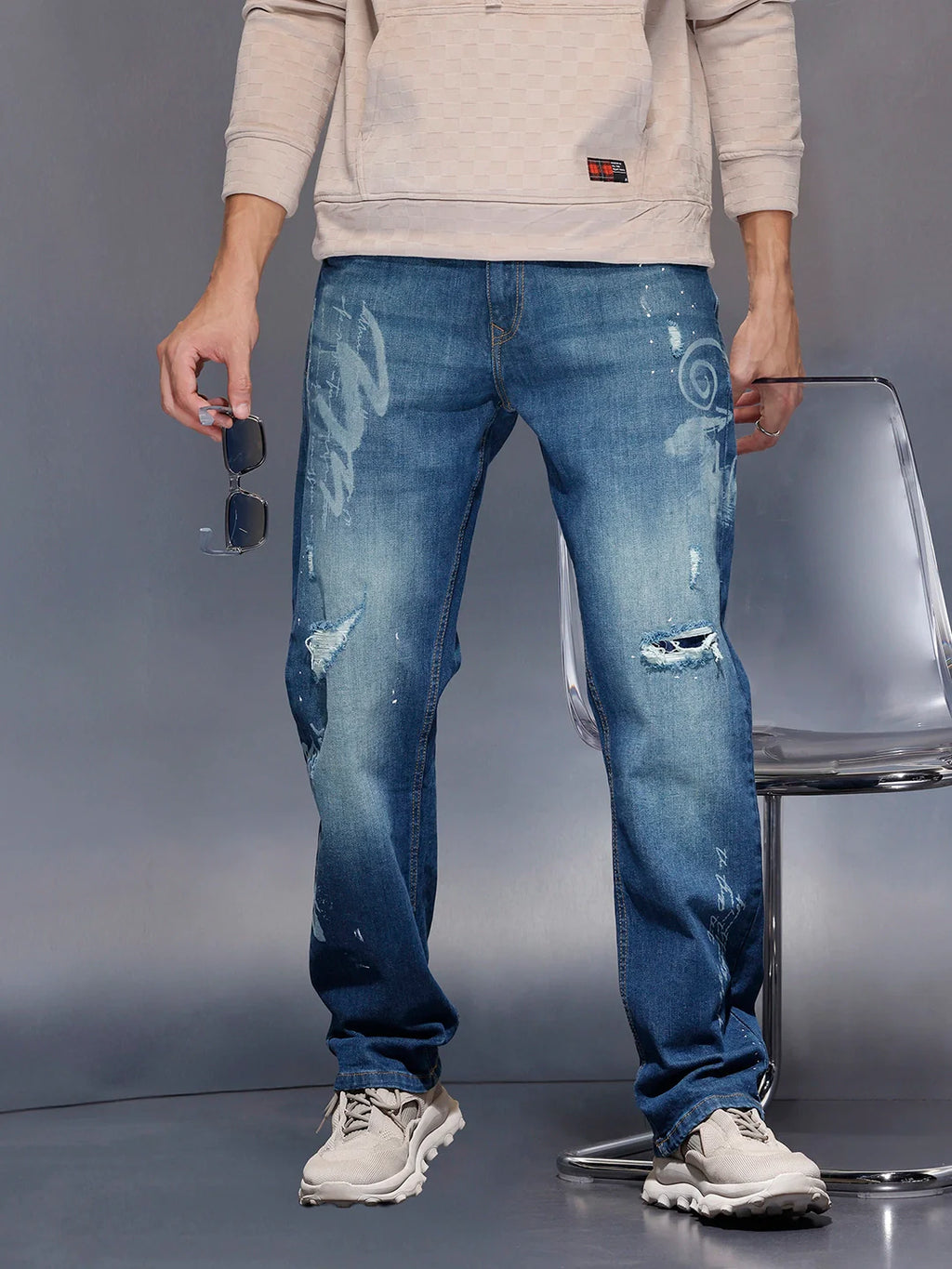 Men’s Rugged Wash Denim with Paint Splatter | Med Stone