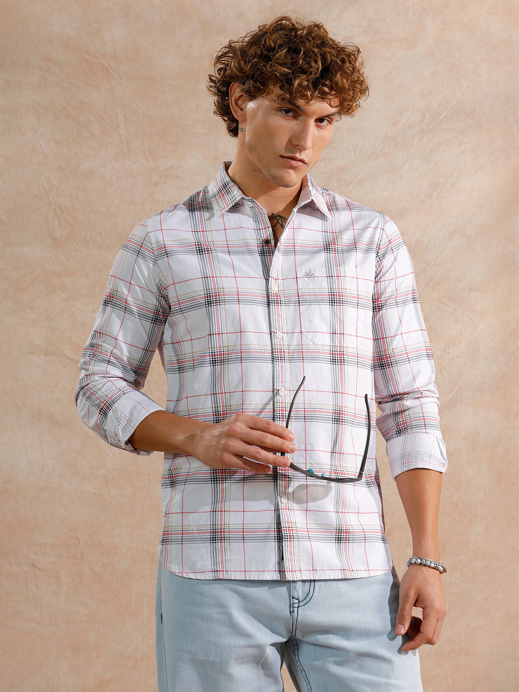 Printed Notebook Checked  Shirt | White