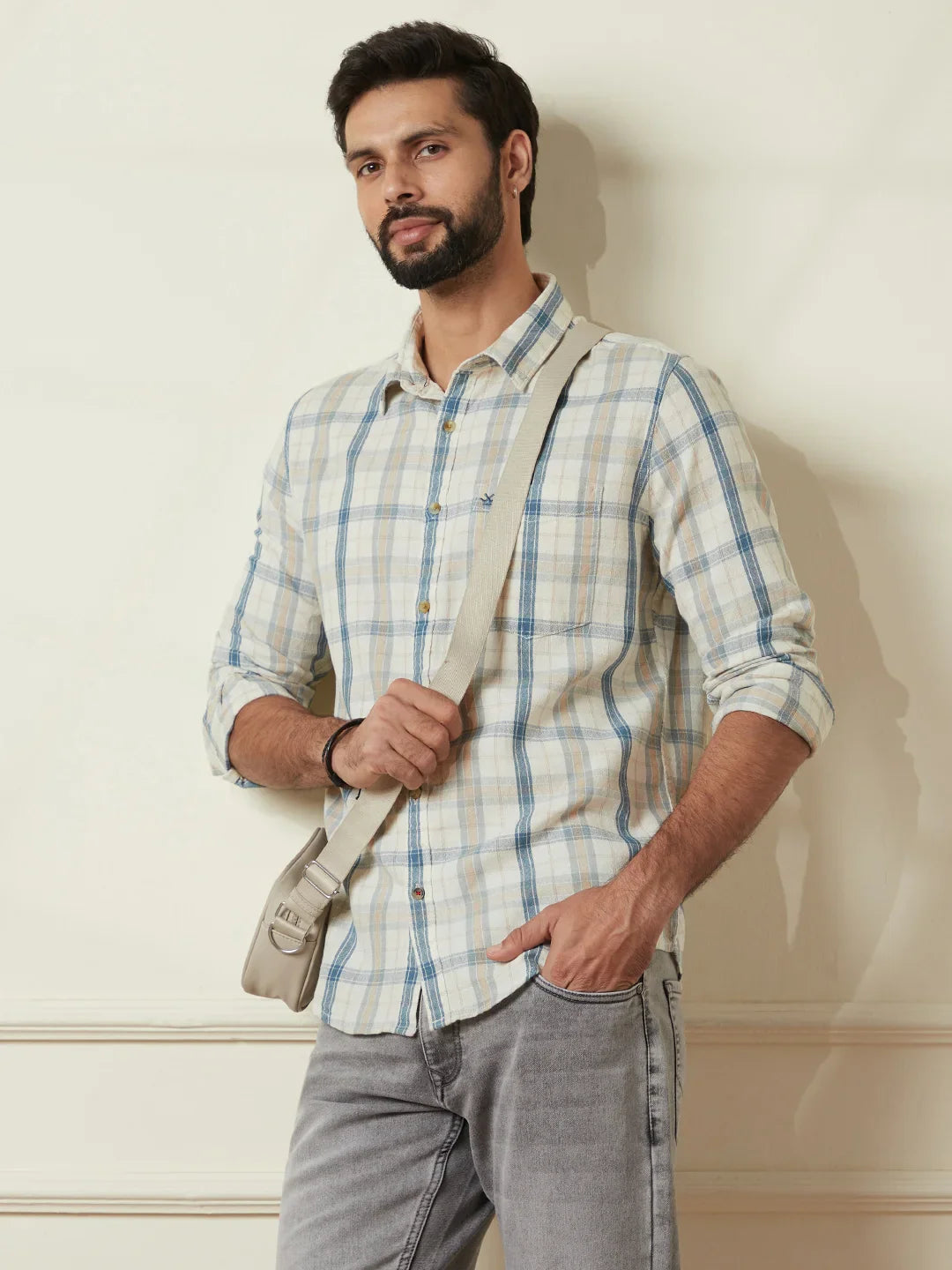 Checked Slim Fit Textured Shirt | Off White