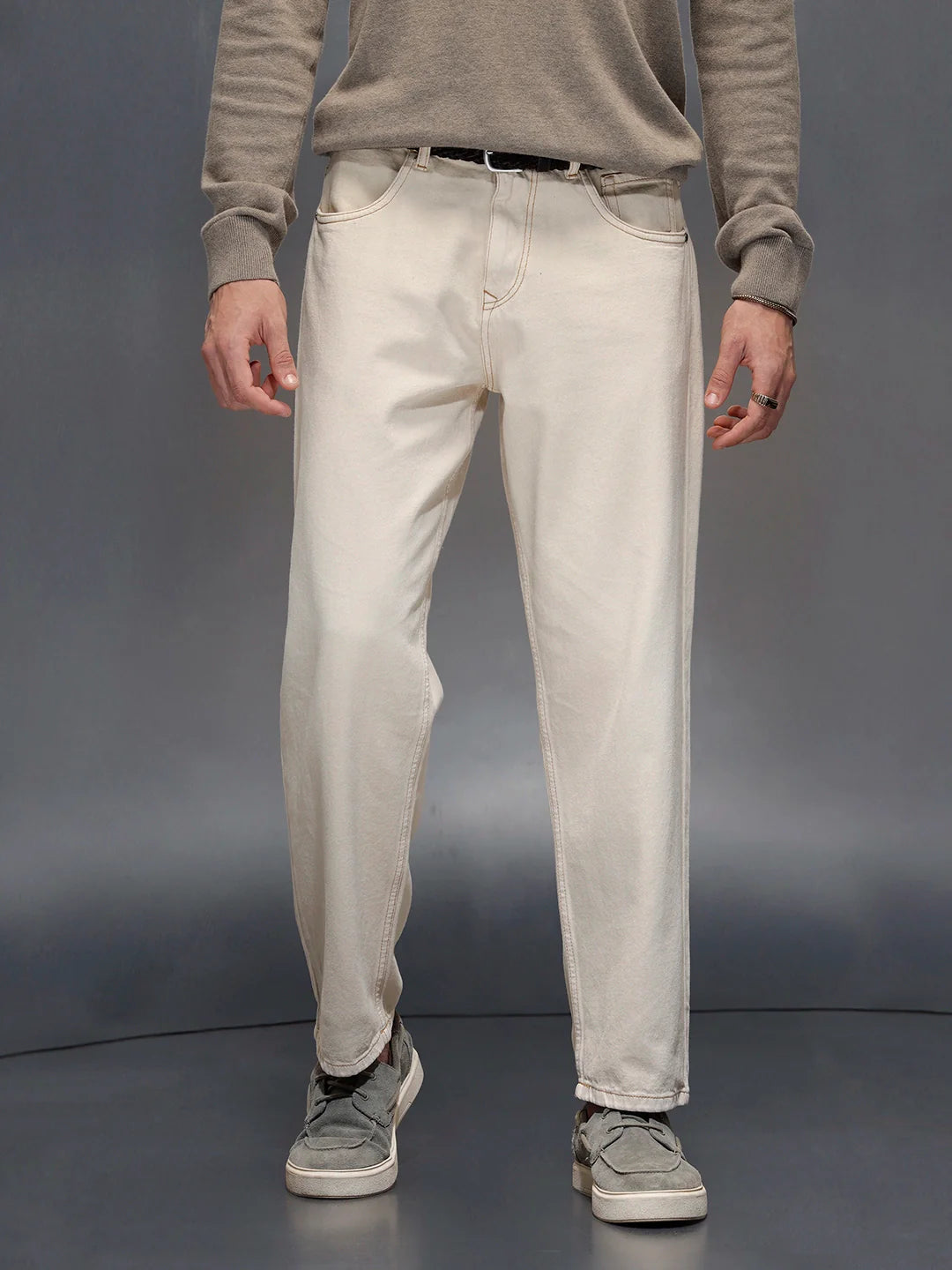 Wrogn Men's Casual Loose Fit Jeans with Contrast Stitch Detail | Khaki