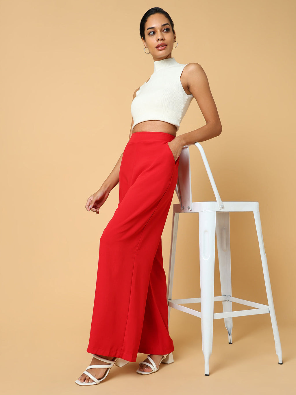 Women's Red Comfort Slim Fit Trousers