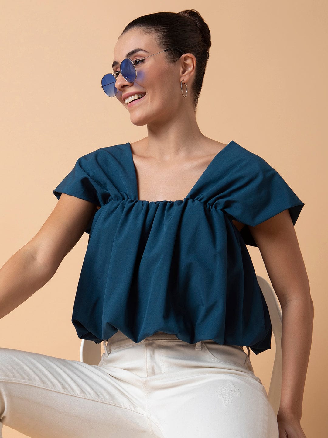 Women's Solid Teal Blouson Top