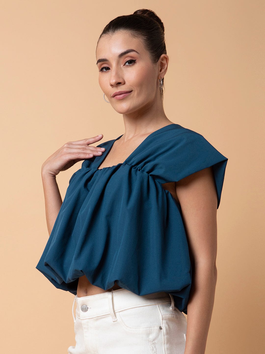 Women's Solid Teal Blouson Top