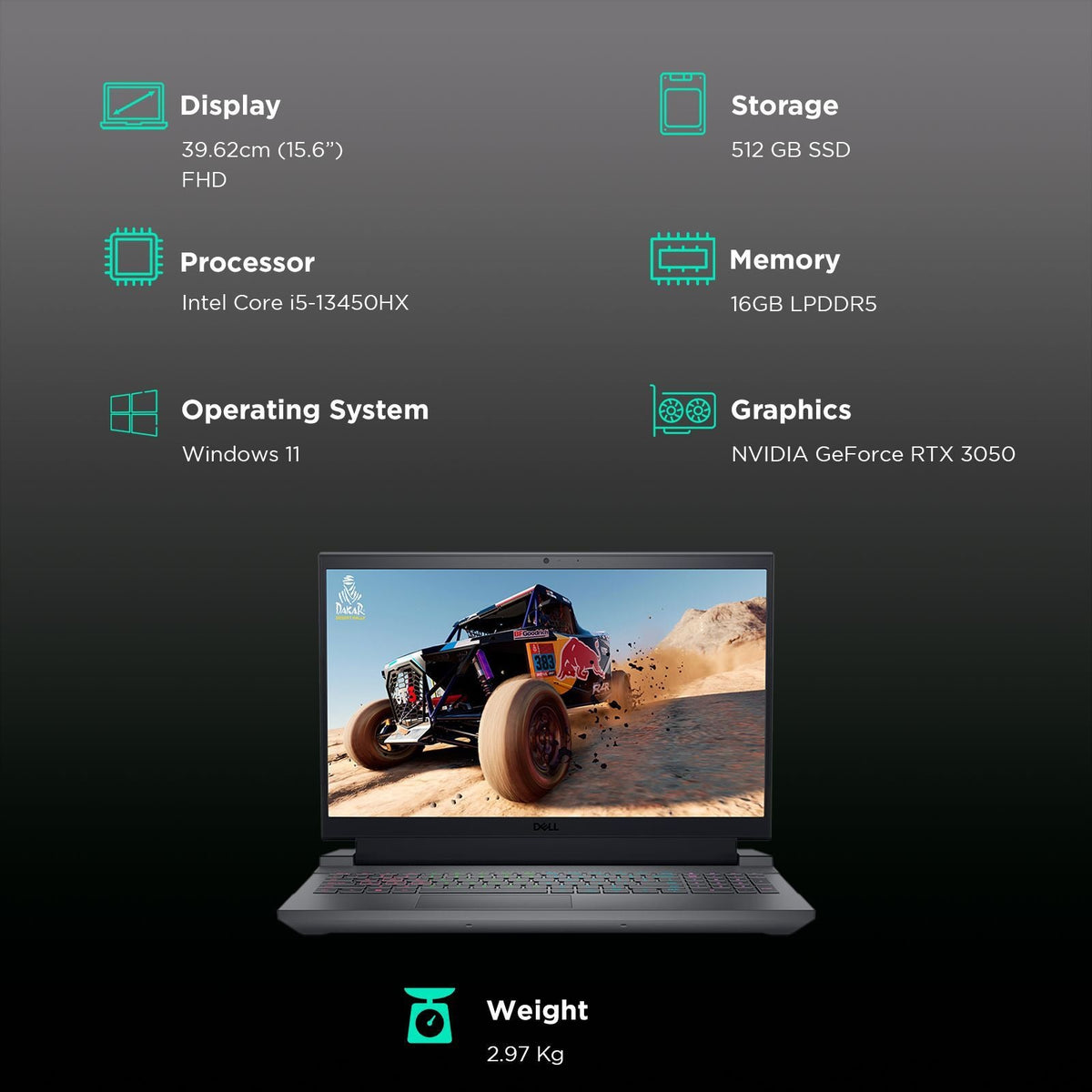 DELL G15-5530 Intel Core i5 13th Gen Gaming Laptop with RGB Keyboard(16GB, 512GB SSD, Windows 11, 6GB Graphics, 15.6 inch 120 Hz FHD Display, MS Office 2021, Dark Shadow Gray, 2.97 KG)