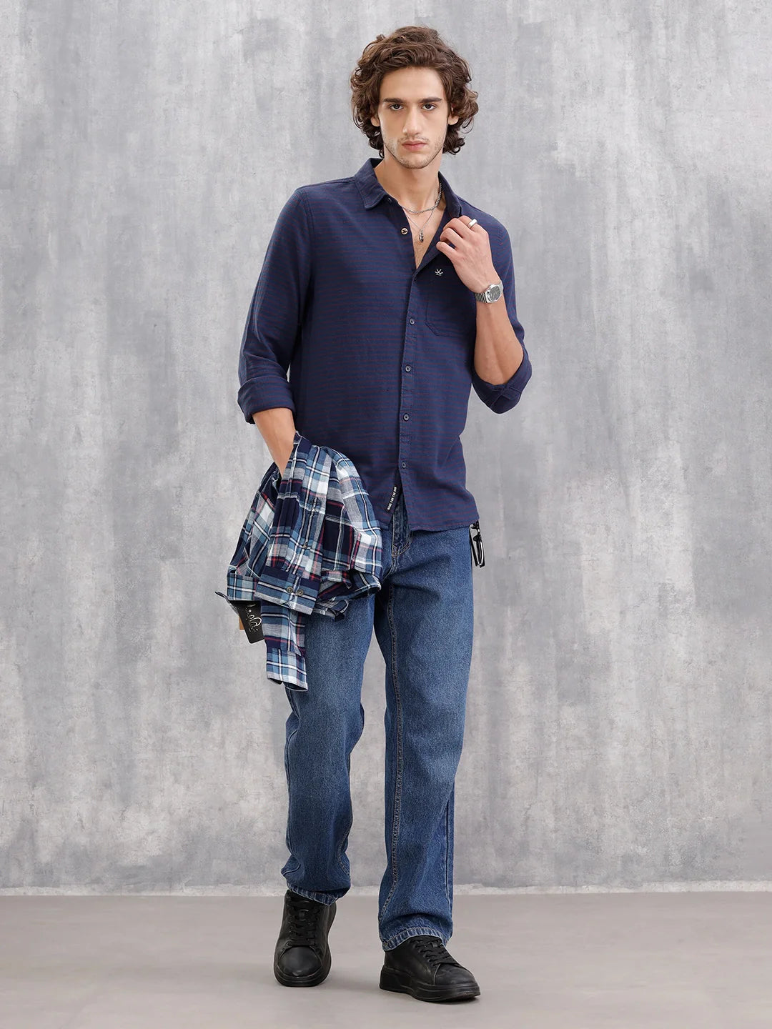 100%Cotton Striped Regualr Fit Shirt | Navy Blue