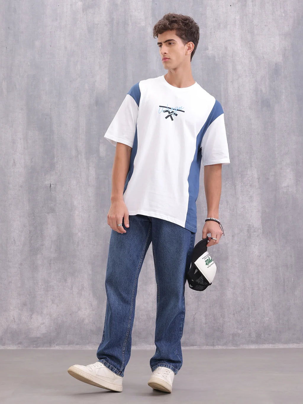 Retro Colourblock Oversized Fit T-shirt With Print | White