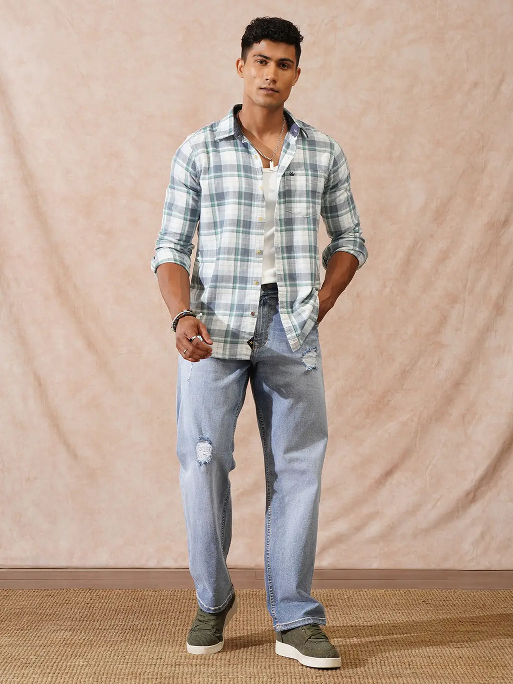 Herringbone Checks Slim Fit Shirt | Green