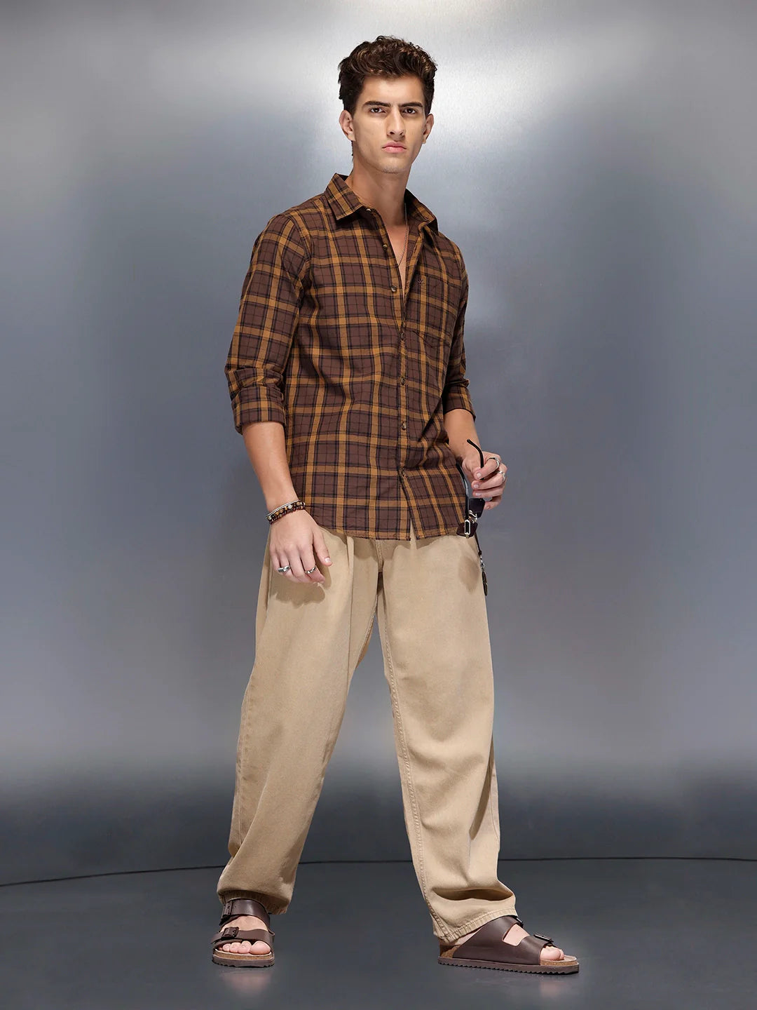 Men’s brown flannel-style check shirt | Khaki