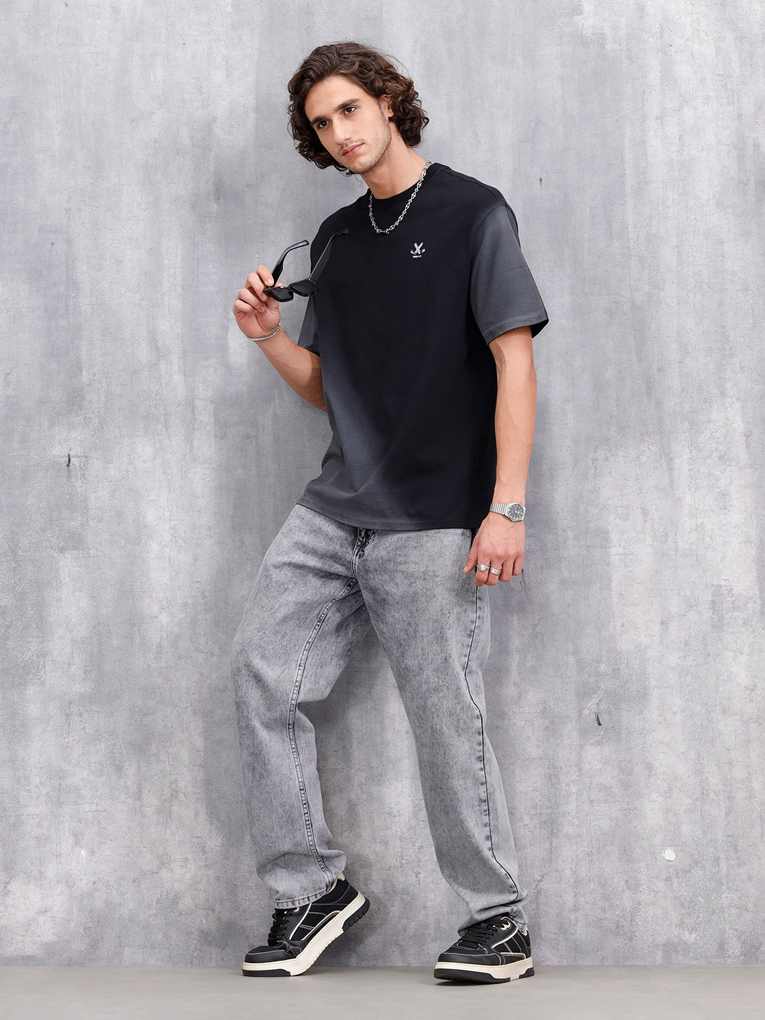 Washed Oversized Crew Neck T-shirt With Print | Black