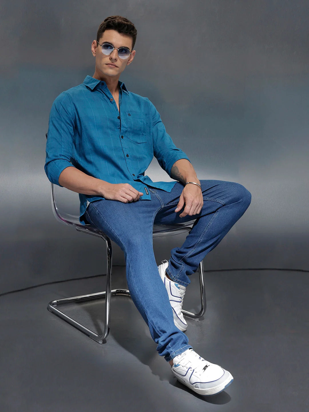 Men's slim fit casual shirt with checked weave pattern | Blue