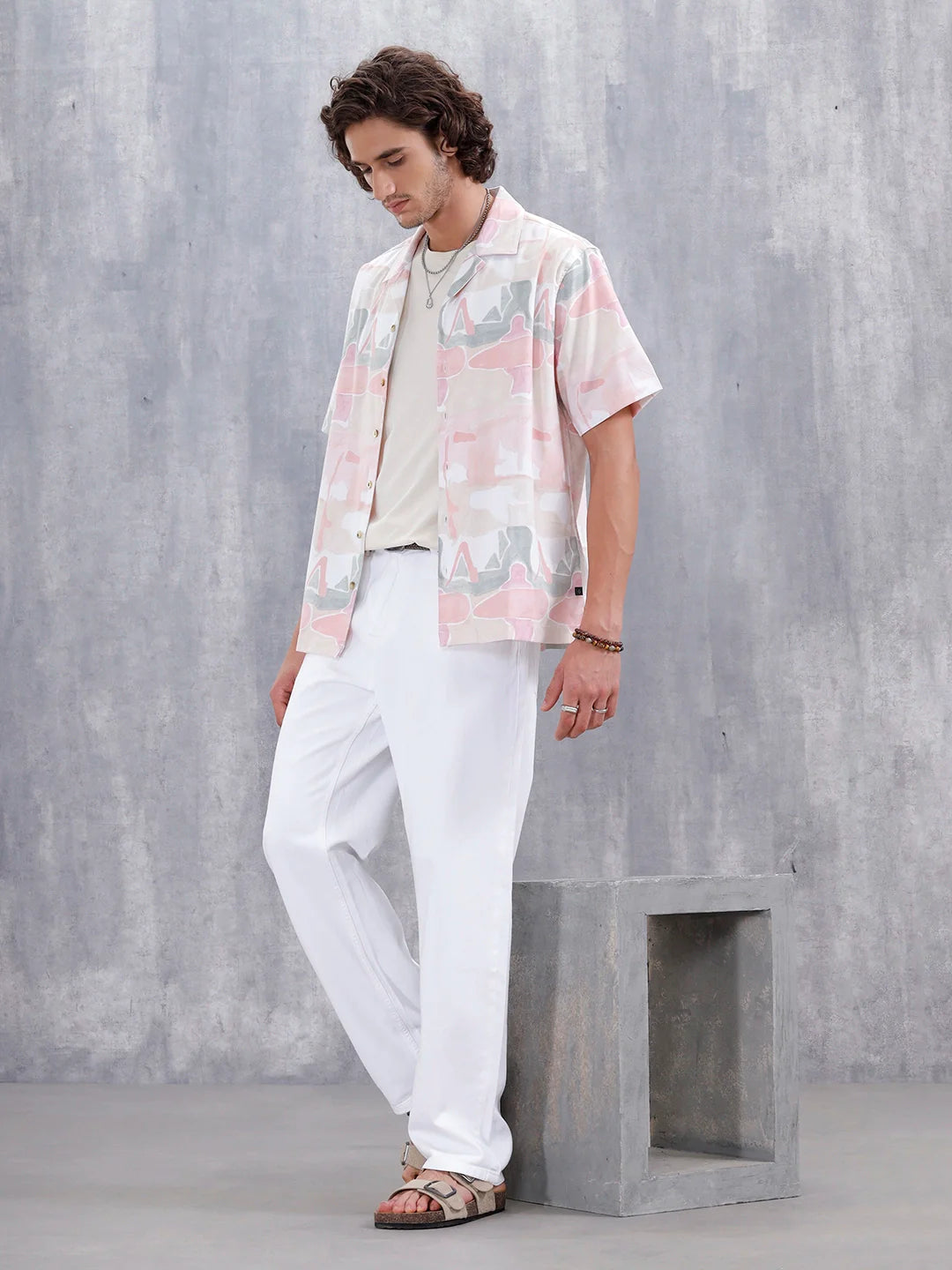 Abstract Aop Printed Comfort Fit Resort Collar Shirt | Pink