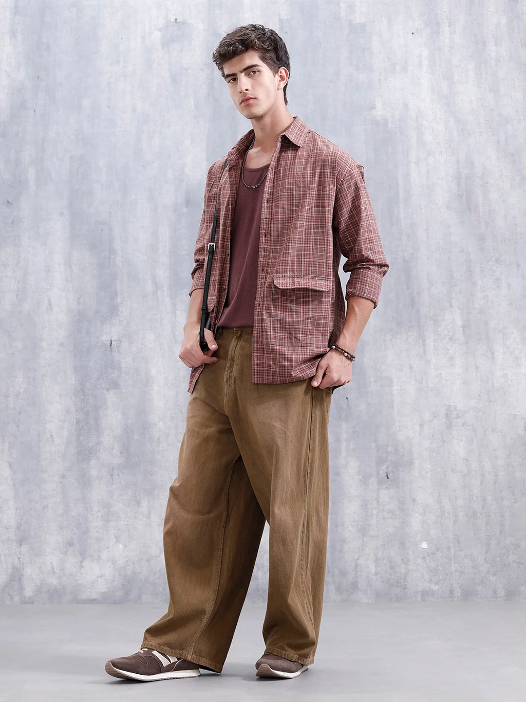 Men's Casual Oversized Fit Double Pocket Shirt | Brown