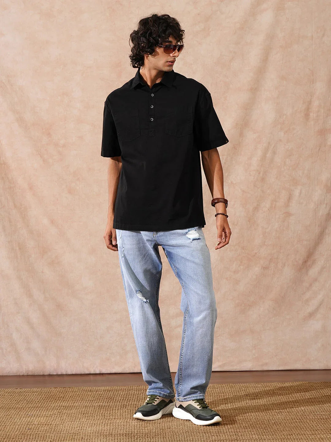 Oversized Half Placket Popover Shirt | Black