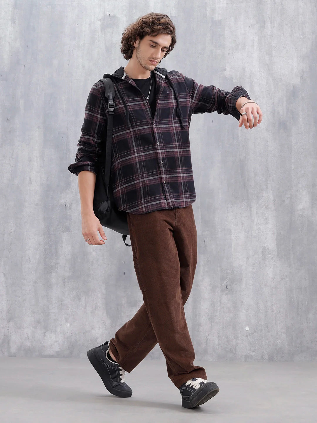 Brushed Flannel Hooded Slim Fit Check Shirt | Black