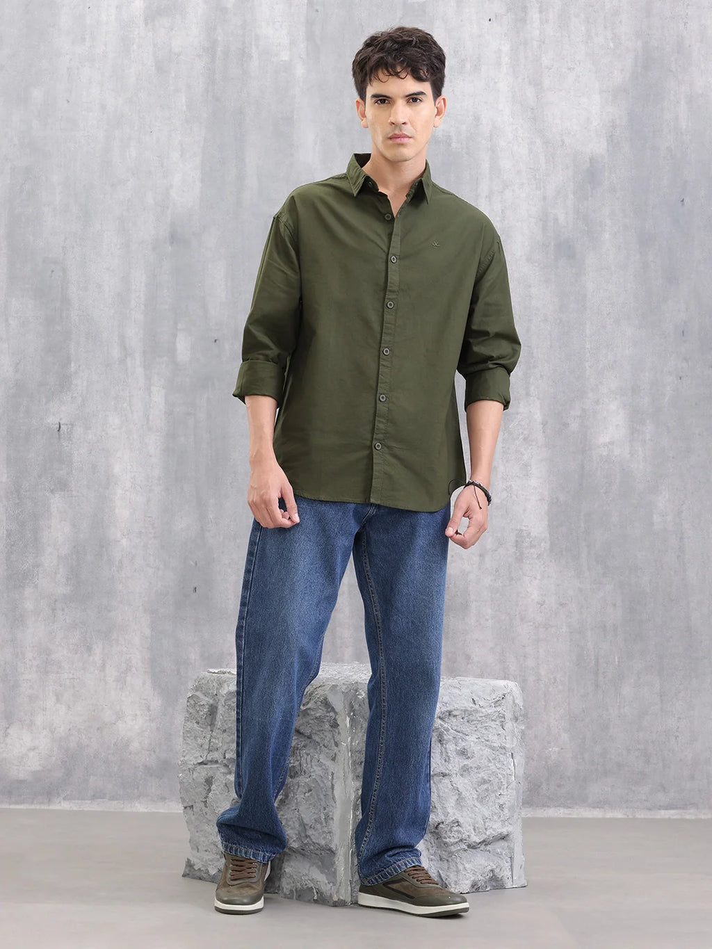 Solid Regular Fit Cotton Shirt | Olive