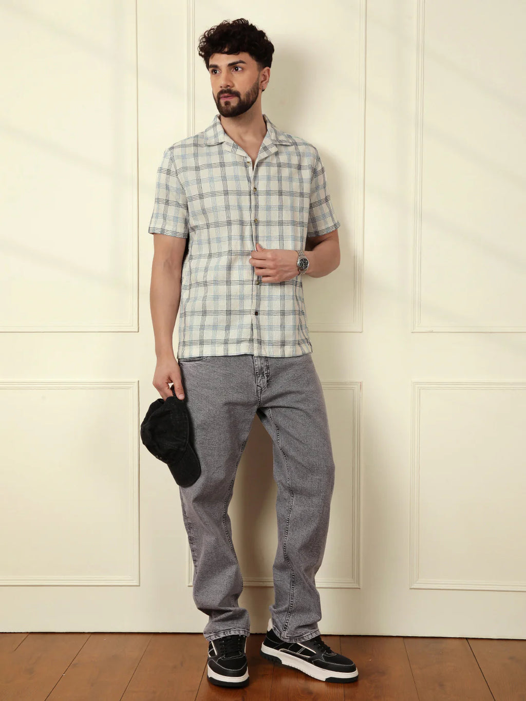 Checked Short Sleeve Textured Shirt | Beige
