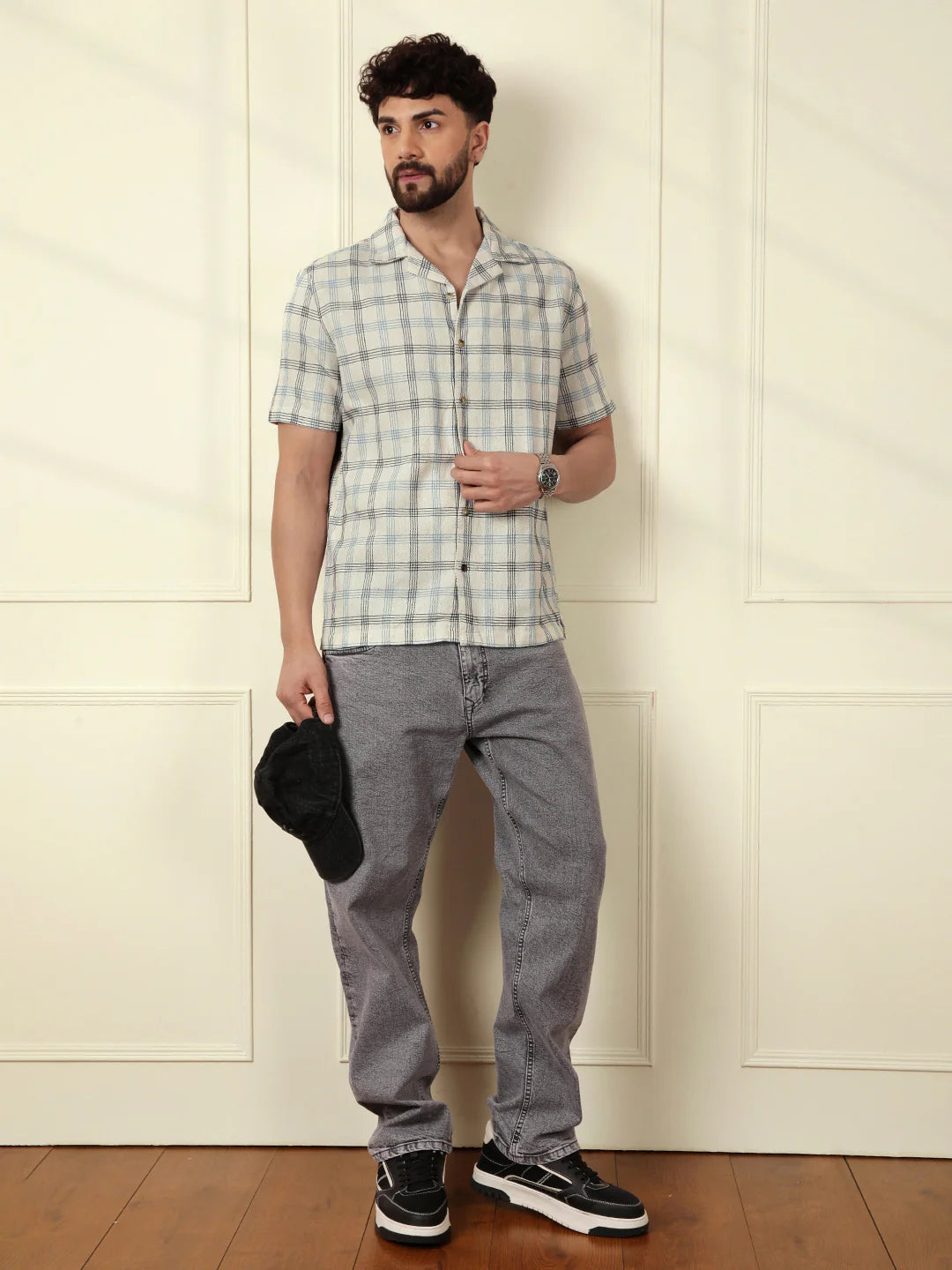 Checked Short Sleeve Textured Shirt | Beige