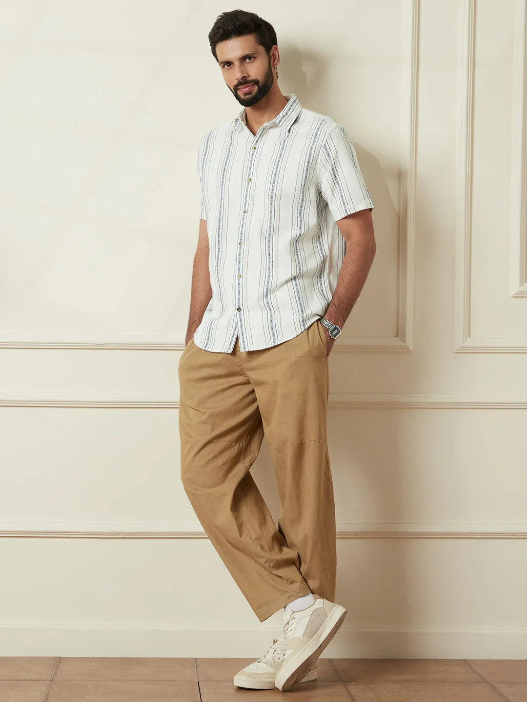Textured Short Sleeve Striped Shirt  | Off White