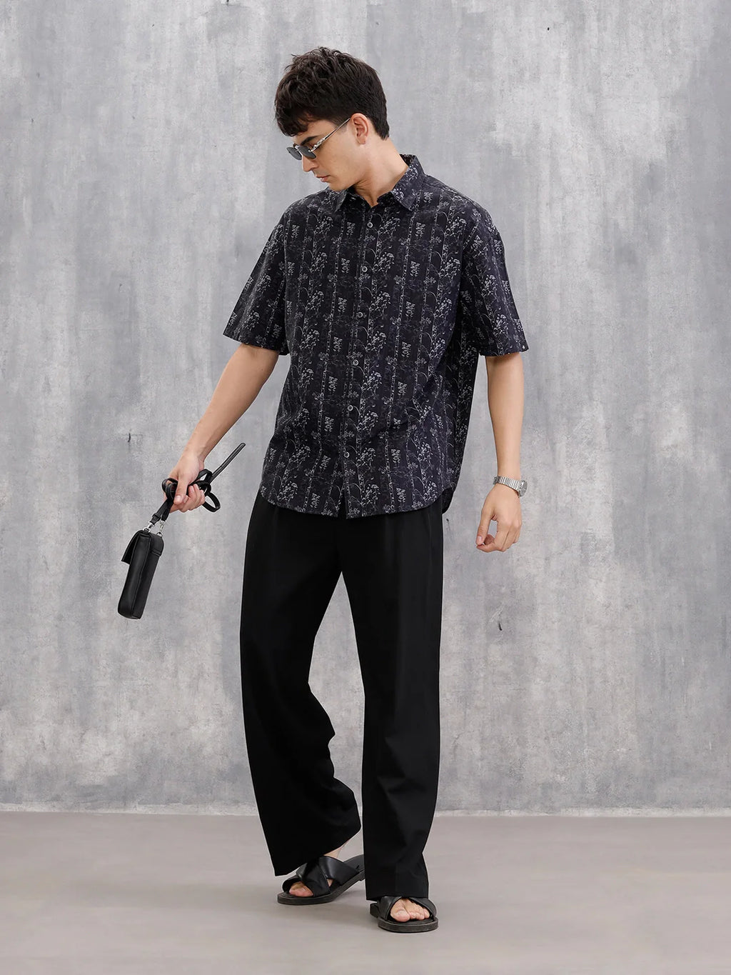 Nature Inspired 100% Cotton Aop Printed Oversized Shirt  |  Black