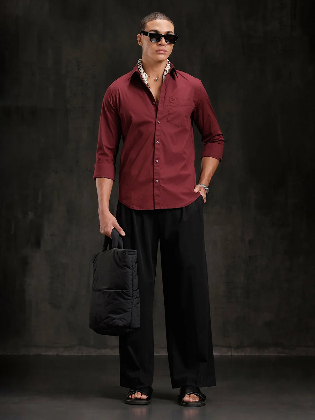 Seersucker Texture Slim Fit Shirt | Maroon