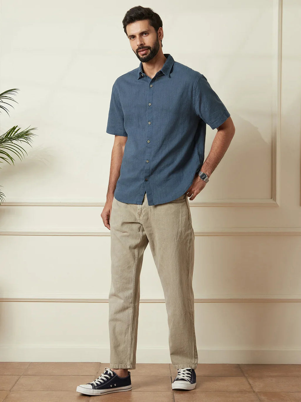 Textured Cotton Slim Fit Shirt | Blue