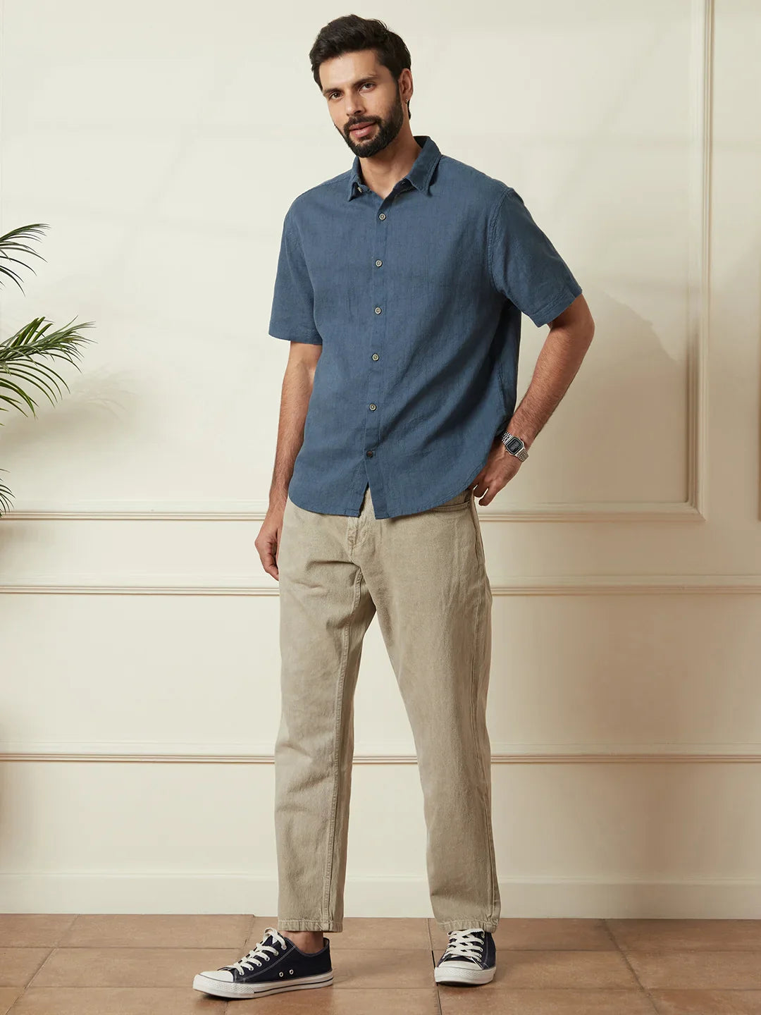 Textured Cotton Slim Fit Shirt | Blue