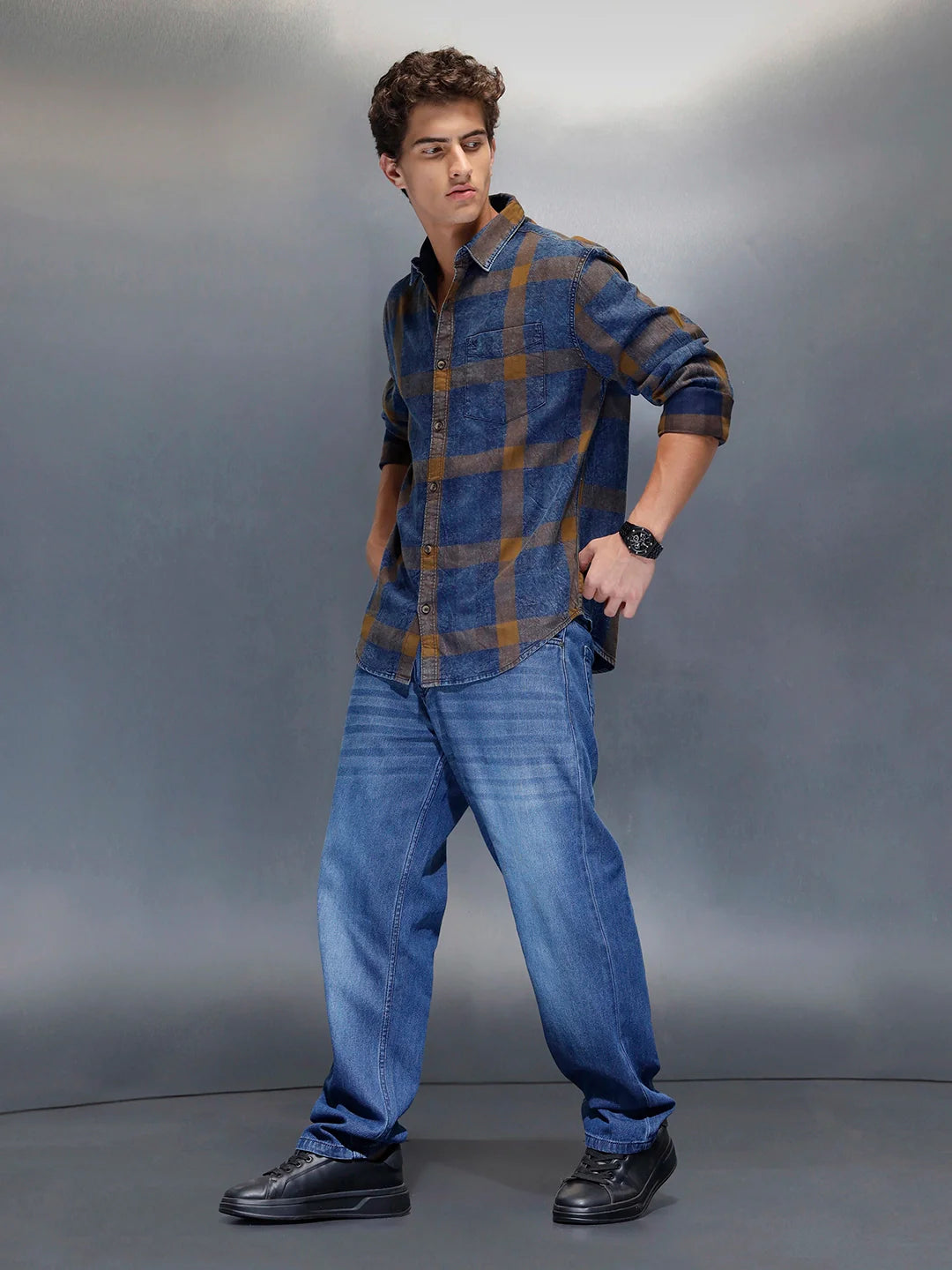 Men's casual regular fit checkered pattern shirt | Brown