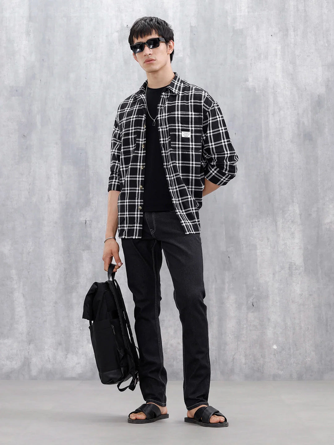Casual Oversized Fit Checkered Pattern Shirt | Black