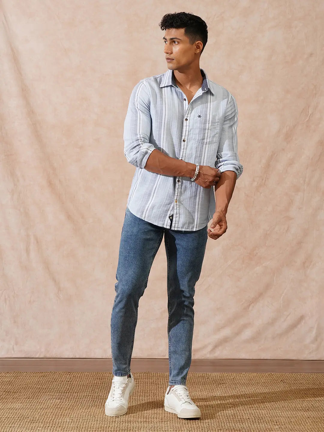 Casual Striped Herringbone Shirt | Light Blue